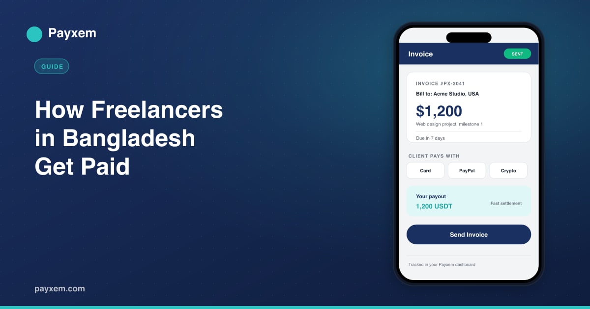 Payxem invoice on a phone showing a client paying and the freelancer payout, for freelancers in Bangladesh